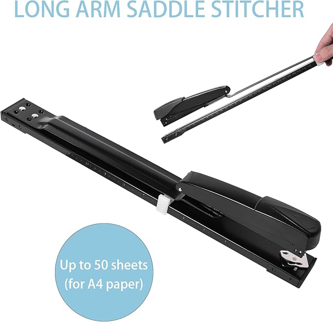 Long Reach Stapler with 1600 Staples, Saddle Stitch Binding Stapler Fits Various Paper Sizes, 50 Sheets Capacity, Long Stapler for Booklets or Book Binding