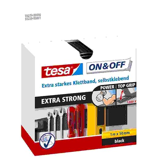 tesa® On & Off Extra Strong Adhesive Tape - Self-Adhesive Tape for Attaching Heavy Objects, Extra Strong - Black - 100 cm x 5 cm