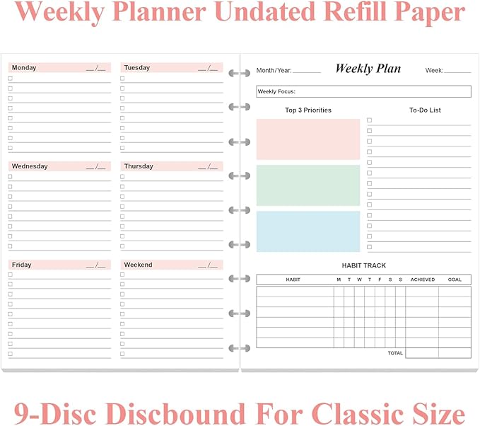 (2-Pack) 9 Disc Weekly Planner Undated Refills - Classic Size 106 Sheets/212 Pages Colorful Weekly Planner for Happy Planners Insert, 100 gsm White Paper, Lasts 2 Year, Undated, 7" x 9.25"