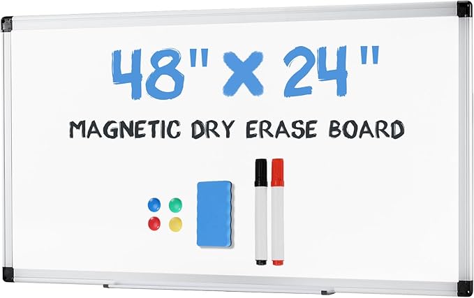 DUMOS White Board Dry Erase Kit, 48" x 24" Magnetic Board for Wall with 1 Dry Eraser & 2 Multicolor Markers & 4 Magnetic Pins, Silver Reinforced Aluminum Frame for Home, School, Office