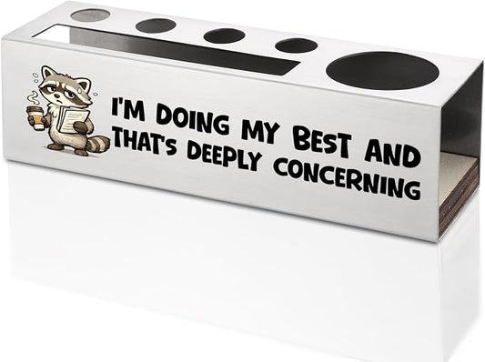 FOKCBOCM Funny Office Pen Holder with Raccoon Design, Stainless Steel Desk Organizer Gift for Coworker, Sarcastic Work Humor Workspace Decor, Stress Joke Desk Accessory-DS114