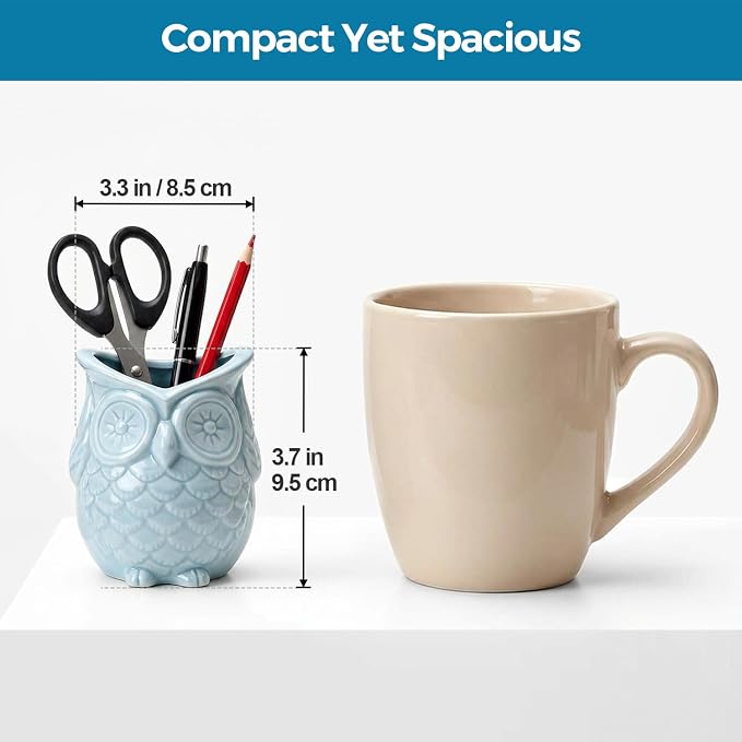 ComSaf Ceramic Owl Pen Holder, Glazed Blue Pencil Cup — Cute Teacher Appreciation Gift for Desk, Owl-Shaped Classroom Decor, Small Office Organizer for Home, School Desk & College Dorm Room, 3.5 Inch