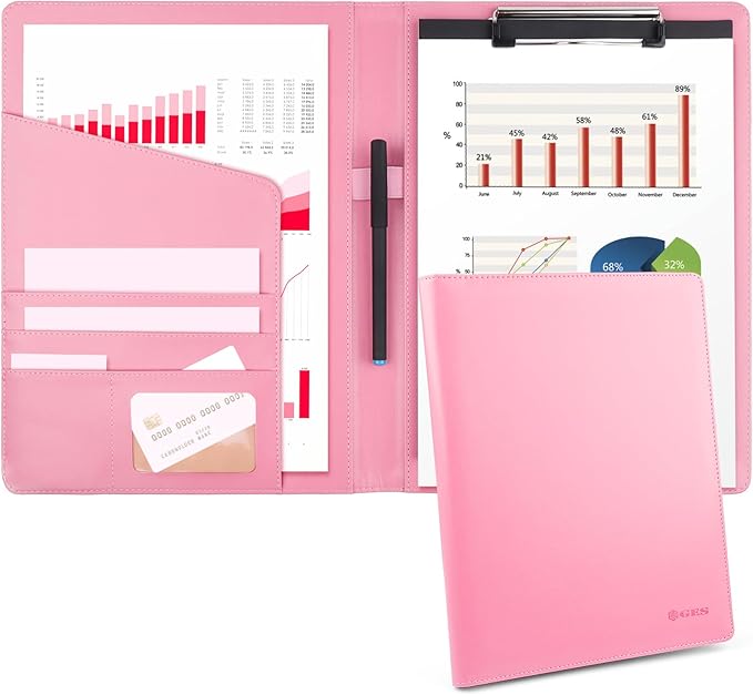 Geila Padfolio Portfolio A4 Clipboard Folder, Suitable for Work, Writing, and Meetings, Faux Leather Folder with A4 Paper and Pen (Pink)