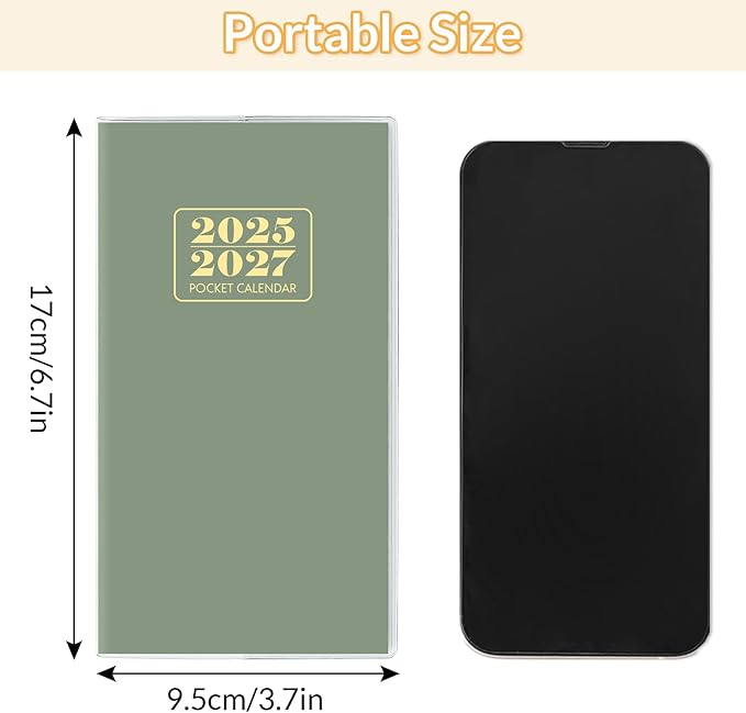 Pocket Calendar 2025-2027, Monthly Purse Planner (6.7" x 3.7") Runs from July 2025 to December 2027, Solid Green Pocket Calendar with PVC Cover for Planning, Organizing, and Office Use