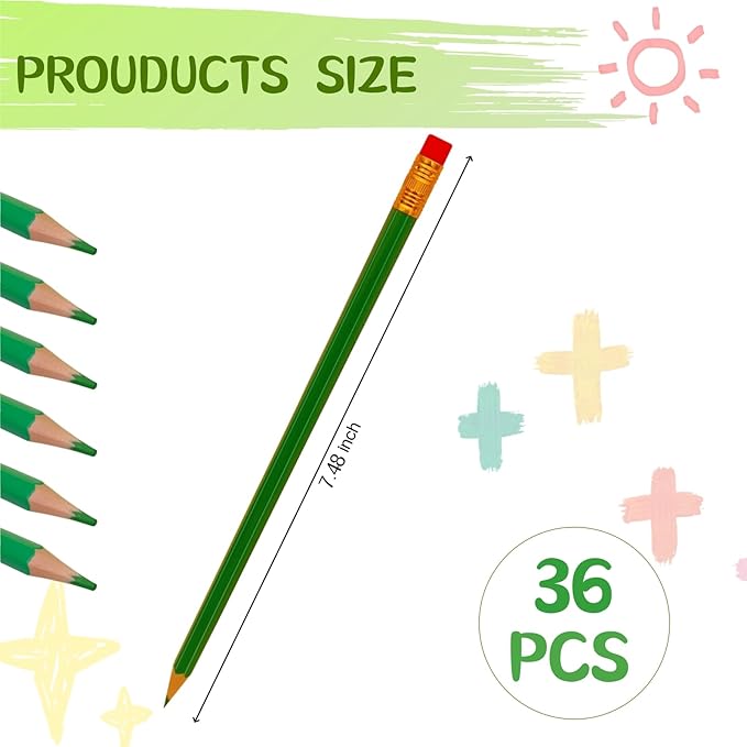 36 Pcs Erasable Checking Pencils, Pre-Sharpened, for Marking, Coloring, Tests, Grading, Office, (Green)