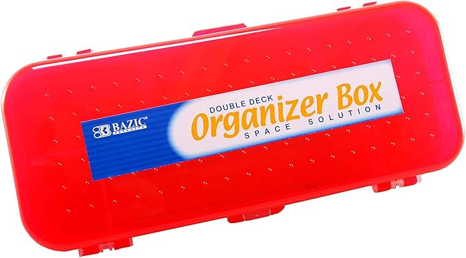 Double Deck Organizer Box, 8.25" x 3.25" x 1.5", 2 Latched Sides - 5 Compartments (4-Pack, Black, Red, Blue, White)
