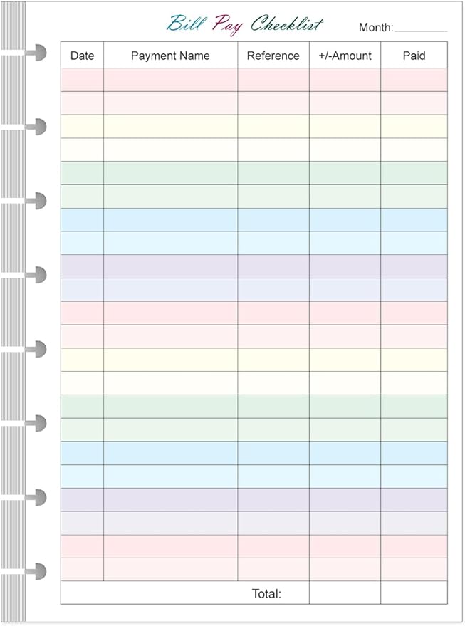 Junior Size Payment Checklist Refills - 50 Sheets/100 Pages Colorful Monthly Budget Forms for 8-Disc Discbound Planners, 100 gsm White Paper, 5.8" x 8.3"