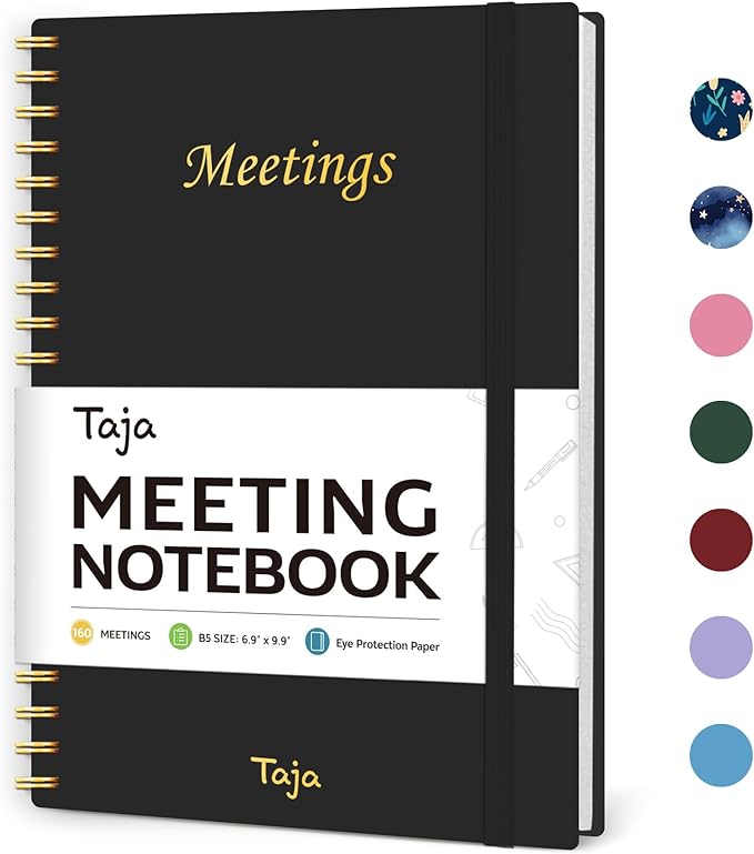 Taja Meeting Notebook for Work Organization - Work Planner Notebook with Action Items, Agenda Planner for Note Taking, 160 Pages (6.9" X 9.9") Project Organizer for Men & Women - Black 1