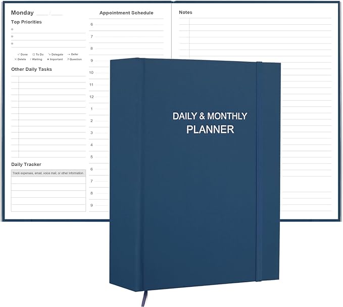 Daily & Monthly Planner for 2026 or Anytime - ADHD Planner Two Pages Per Day, Daily Planner Undated to Increase Focus, Eliminate Overwhelm, Achieve Your Biggest Goals, 8.5'' × 11'', Blue