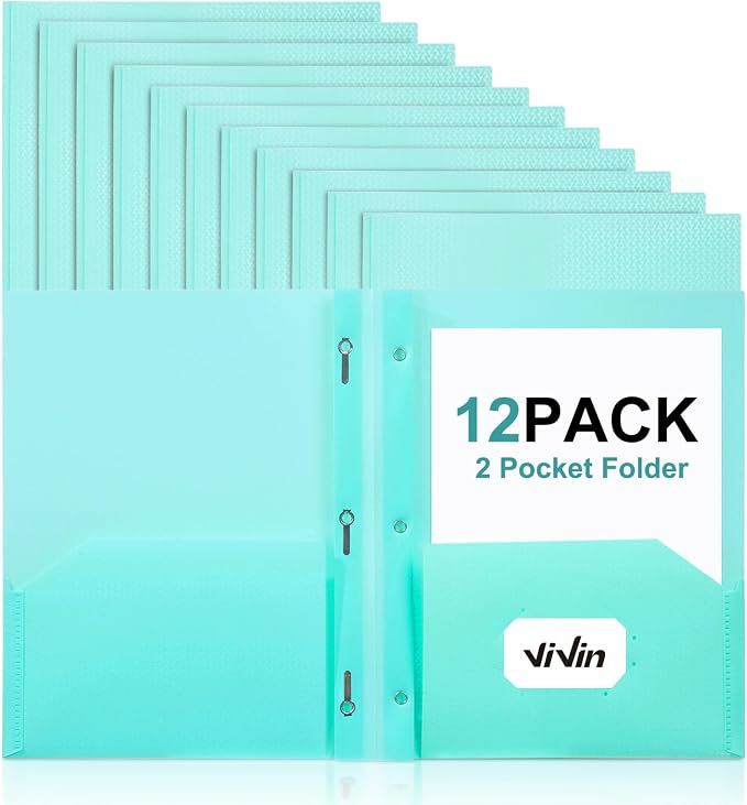 ViVin Sturdy Plastic Folder with Pockets,12 Pack,Heavy Duty Two Pocket 3 Prong Folders,Holds Letter Size Paper,File Folders with Business Card Slot for School Home and Office(Light Green)