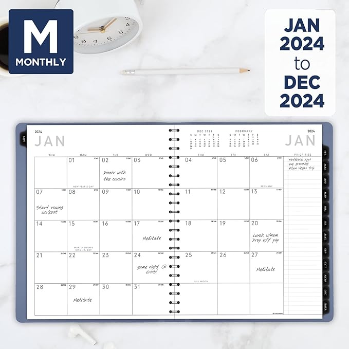AT-A-GLANCE 2024 Weekly & Monthly Planner, 8-1/4" x 11", Large, Monthly Tabs, Faux Leather, Contemporary Lite, Slate Blue (70940X2024)