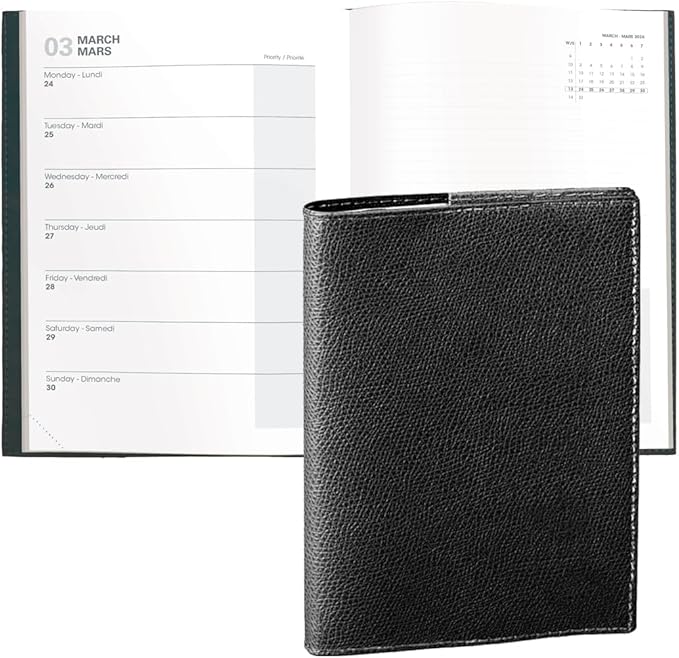 Quo Vadis 2026 Note - Bi-Lingual (EN/FR) - Weekly/Monthly Planner - 16 Months, Sept. 2024 to Dec. 2026 - 6" x 8 1/4" - Grained Faux Leather Club Black Cover - A Modern Design for Journaling and Detailed Planning
