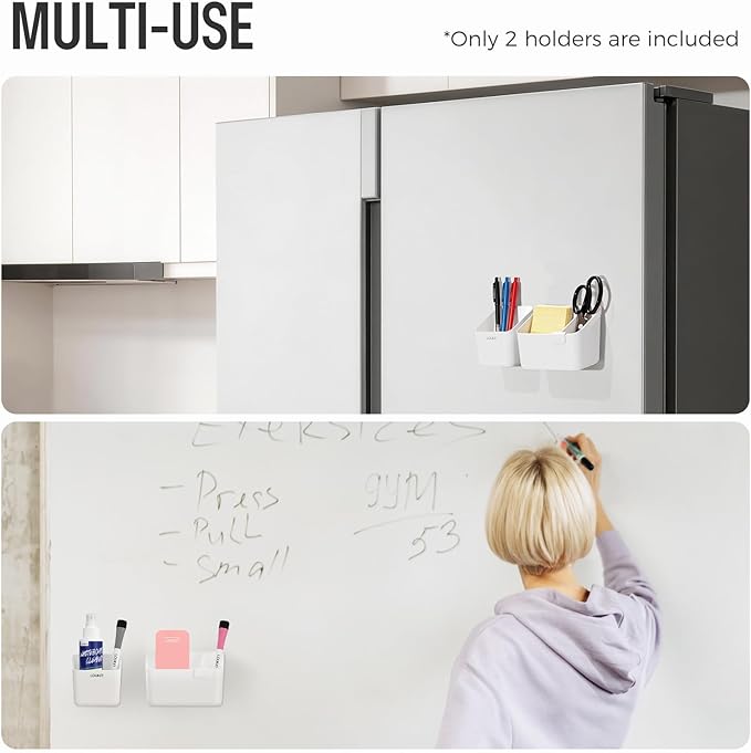 loukin Magnetic & Adhesive Dry Erase Marker Holder with Divider, 1 Small + 1 Mini, Magnetic Storage Organizer for Whiteboard or Refrigerators (White)