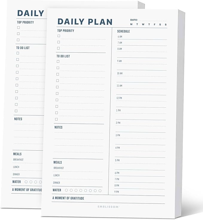 Daily Planner Notepad, 5.5 x 8.5" Tear-Off Pad – 70 Undated Sheets Focus-Enhancing Desktop Organizer with Hourly Schedule, To-Do List for Work, School (White, Minimalist, 2 Pack)
