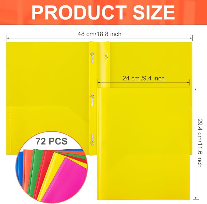 Cholemy 72 Packs Pocket Folders with Prongs Heavy Duty Plastic Folder with Business Card Slot 3 Prong Fasteners for School Office (Vivid)
