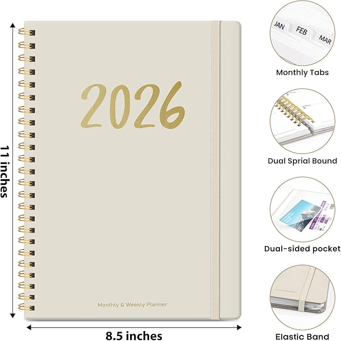 2026 Planner - Weekly and Monthly Planner, January 2026 to December 2026, Spiral Bound 2026 Calendar Planner Book, Inner Pocket, Perfect for Office Home School Supplies - A4 (8.5" x 11"), Beige