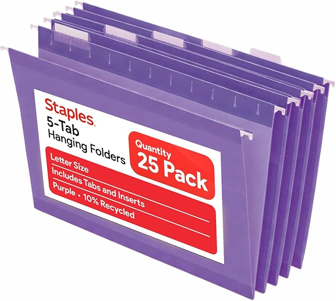 Staples Hanging File Folders, Letter Size, Purple, 1/5‑Cut Tabs, Tear‑Resistant, Includes Tabs & Inserts – 25/Pack