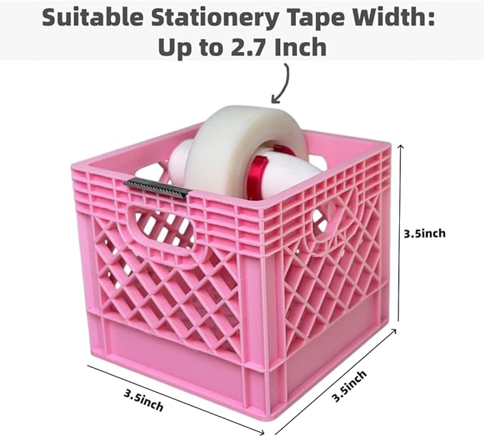 Mini Milk Crate Tape Dispenser - Cute Desk Accessories - Fun Office Supplies- Unique Unusual Desktop Organizer - Useful Novelty Practical Coworker Gag Gifts Vintage Decor Accents (Pink)
