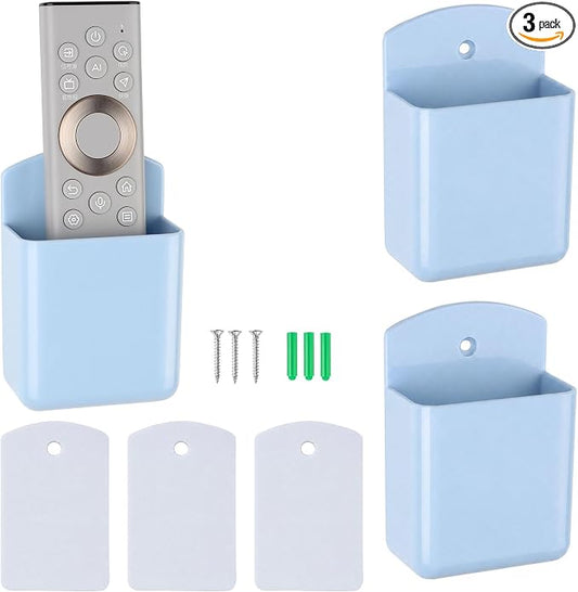 3 Pack Remote Control Holder Wall Mount, Adhesive Remote Holder with Screw Installation Storage Organizer for TV/Media/Air Conditioner Remotes For Home Office School Blue