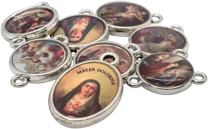 Seven Sorrows of Mary Medals and Instruction Bookmark | Beads for DIY Chaplet of The Sorrowful Mother Rosary | Catholic Craft Supplies | Full-Color Images on Metal