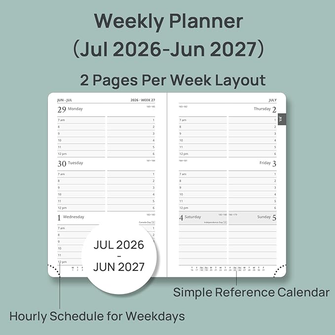 POPRUN 2026-2027 Academic Small Weekly Planner, 4" x 6.25" Purse Size Calendar, July 2026 to June 2027, Hardcover Appointment Book with Horizontal Layout, Hourly Time Slots - Pacific Green