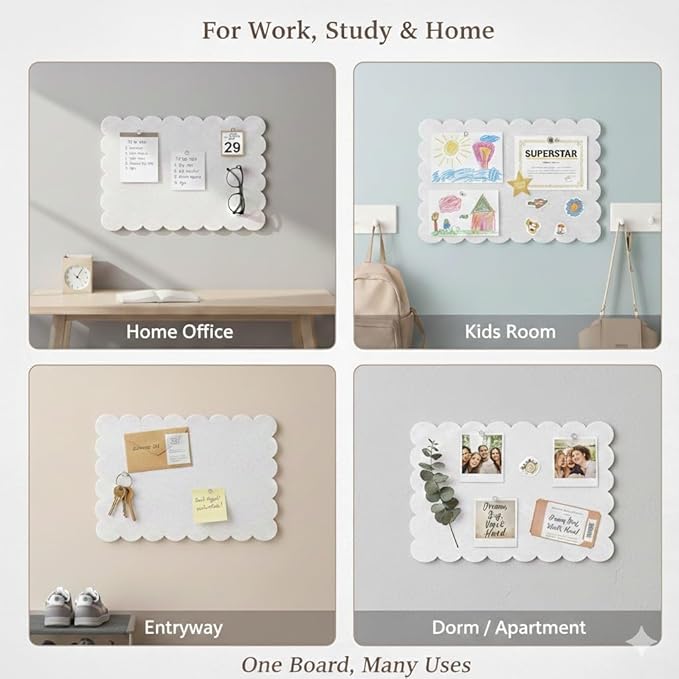 Scalloped Felt Bulletin Board 36 x 24 Inches, Large Decorative Pin Board for Wall, Vision & Message Board for Home Office, Bedroom & Study (Warm Beige)
