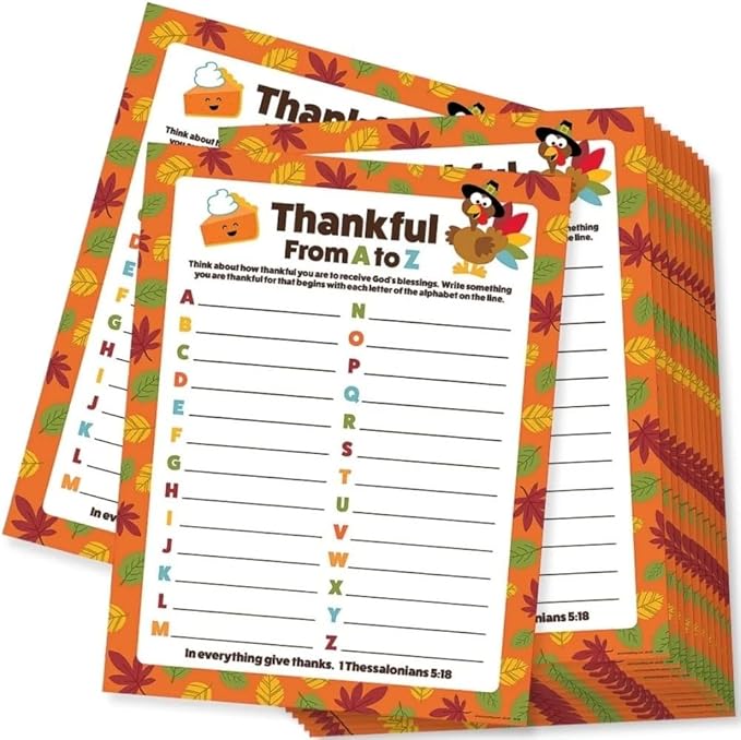 Religious Multicolor "Thankful From A to Z" Paper Activity Sheets - 8.5" x 11" (Pack of 24) - Ideal for Sunday School, Church Events, and Thanksgiving Activities