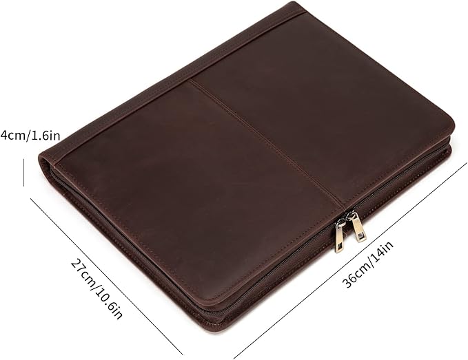 YIWEN Handmade Leather Portfolio, Zippered Padfolio Organizer Case, 8.5 x 11" Notepad Holder and 13" Tablet Folio, Professional Business Travel Gift for Women and Men (Dark Brown, Crazy Horse Leather)