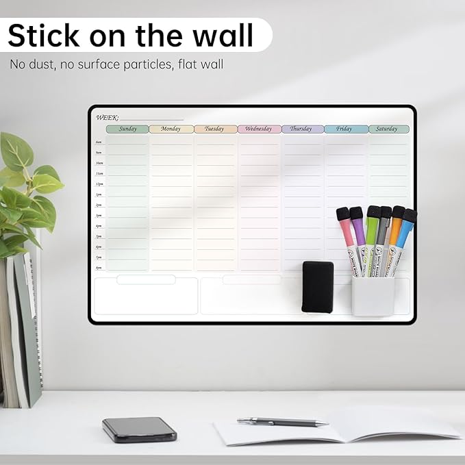 Weekly Dry Erase Calendar with time,self Adhesive Stick on Non-Magnetic Stainless Fridge & Glass & Wall & Wooden (Any Smooth Surface) Schedule Board,to Do List 16.5”(W) × 11”(D)