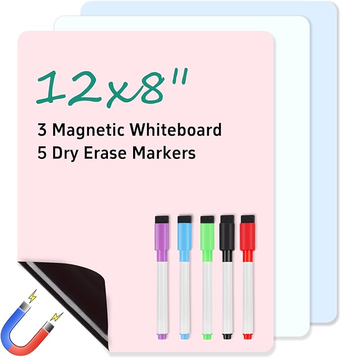 3 Pack Magnetic Dry Erase Board, 12in x 8in Erasable Refrigerator White Board/Planner, Dry Erase Board Magnetic for Home Kitchen Memo Grocery List, Grocery List, 5 Markers and Eraser