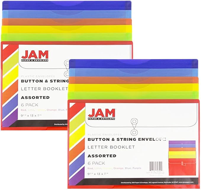 JAM PAPER Plastic Envelopes with Button & String Tie Closure - Letter Booklet - 9 3/4 x 13 - Assorted Primary Colors - 12/Pack