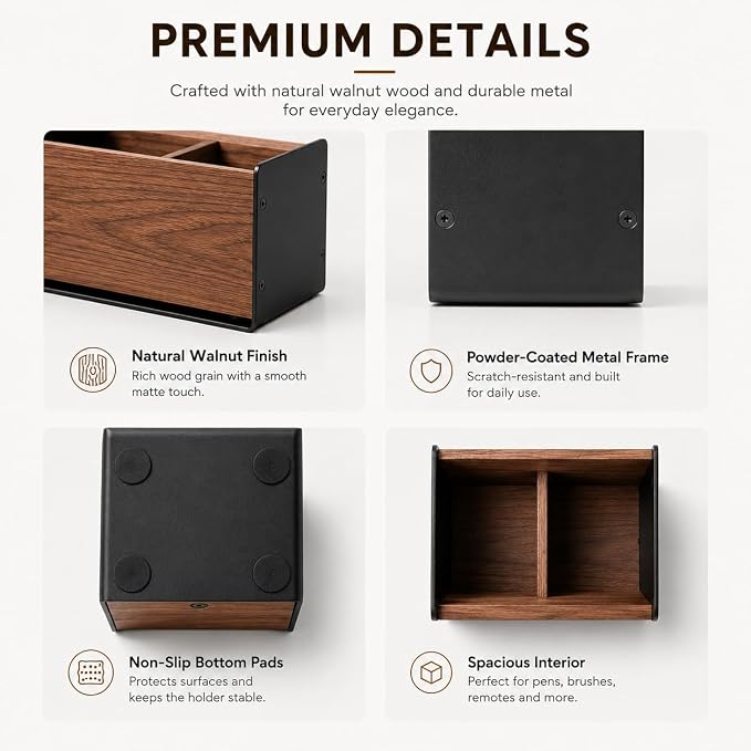 Walnut Desk Organizer with 2 Compartments, Modern Multi-Purpose Storage Box for Office Supplies, Makeup Brushes, Remote Controls & Desk Accessories(2 Slot)