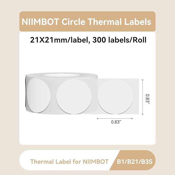 NIIMBOT Thermal Stickers, 300 Round Labels for B21/B1/B3S Printer, 0.83'' x 0.83''(21x21mm), Waterproof, Oil-Proof Label Tape