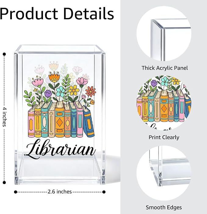Librarian Acrylic Pen Holder Cosmetic Organizer, Funny Pencil Pen Holder for Desk, Reading Nook Accessories for Library Lover Teacher, Librarian Day Appreciation Birthday Back To School Gifts