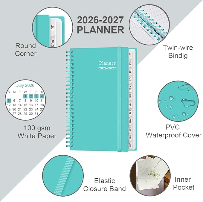 2026-2027 Planner - Planner 2026-2027 from July 2026 to June 2027, Weekly Monthly Planner with 12 Monthly Tabs, Inner Pocket, 3.75" x 6.75",Teal