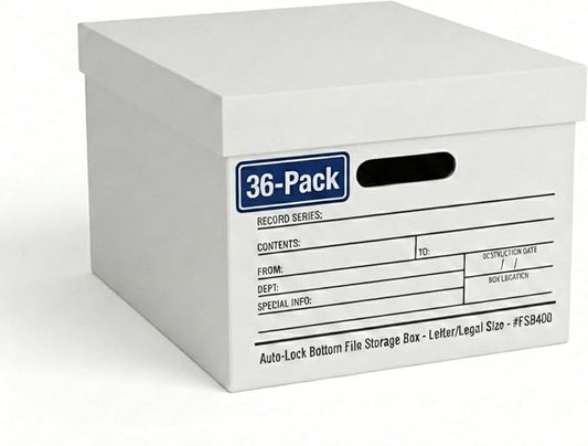 BOX USA Boxes with Lids and Handles (36-Pack) - File Storage Boxes for Office Supplies, Book Storage, Moving, and Packaging, Fits Letter and Legal Paper, Removable Lid