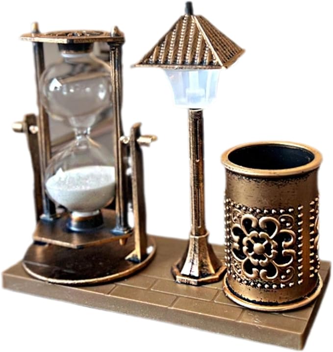 Vintage Style Desk Organizer Set with Hourglass Timer, Decorative Pen Holder, Bronze Finish, pen organizer for desk, vintage office decor, sand timers, desk organizer pen holder