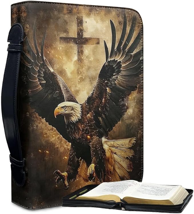 Bible Case with Handle and Zipper, Premium PU Leather Waterproof Bible Cover 11.2 x 8 x 2.2 Inches, Book Case for Standard Size Bibles with Pen Storage, Bible Accessories Gifts (Eagle)