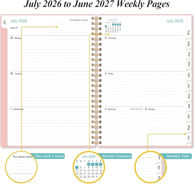2026-2027 Planner - Academic Planner 2026-2027 from July 2026 to June 2027, Weekly Monthly Planner 2026-27 with 12 Monthly Tabs, Inner Pocket, 6.4" x 8.5", Pink