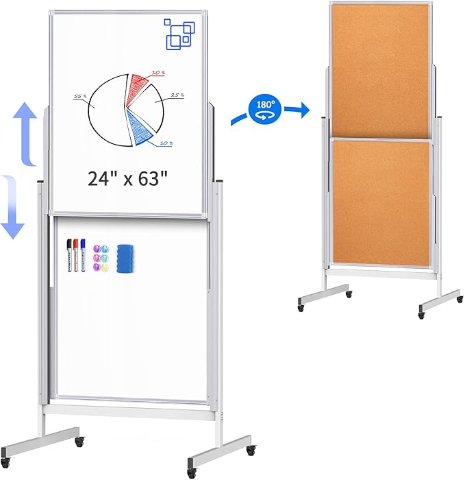 Rolling Whiteboard with Stand, 24x63 Double-Sided Magnetic Dry Erase Board & Cork Board, 4 Writing Surfaces, Adjustable Height Mobile White Board on Wheels for Home, Office, Classroom
