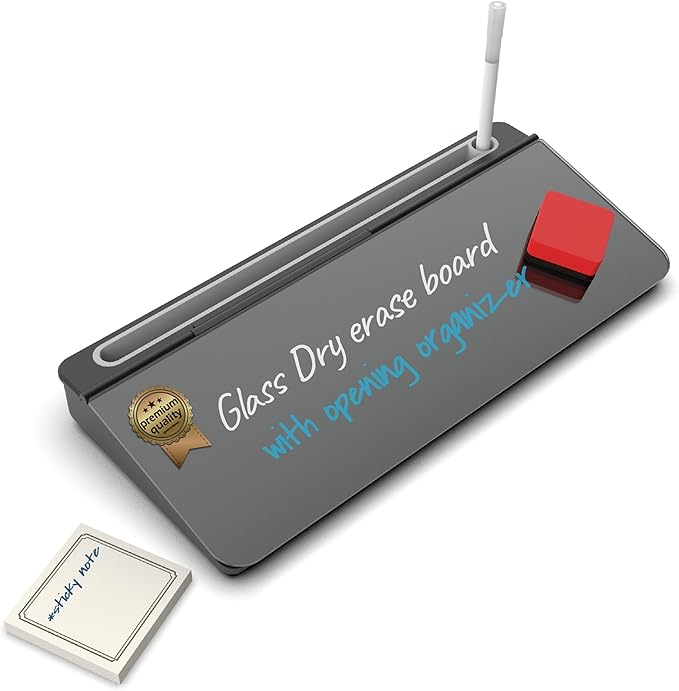 Audio-Visual Direct - Glass Desktop Computer Keyboard Whiteboard Notepad Set, Black (Includes Neon Marker, Eraser & Sticky Notes)