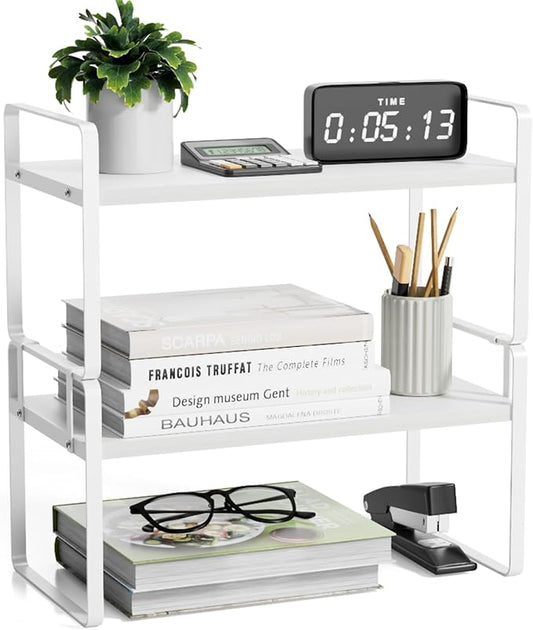 Desk Shelf Organizer for Top of Desk, Detachable 2 Tier Desktop Bookshelf, Wooden Desk Shelves Storage Rack, Small Desktop Shelf for Office Home Dorm, Tabletop Desk Organizer Stand (White+White)