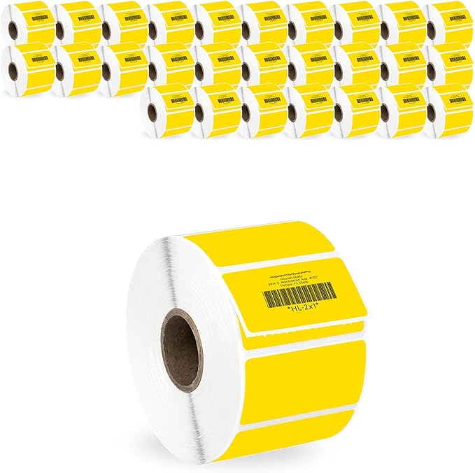 HOUSELABELS 2" x 1" Yellow Barcode Labels on 1" Core Compatible with Zebra and Rollo Printers, 28 Rolls / 1,300 Labels per Roll