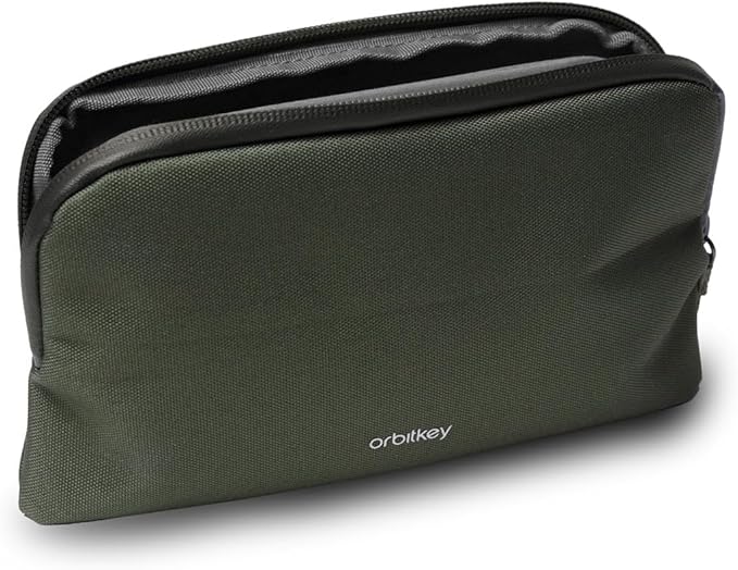 Orbitkey Olive Expandable Desk Storage Pouch – Fold-Down Access Panel, Pen Loop, Recycled Water-Resistant Material – Self-Standing Organizer for Office, Travel, Tech Gear