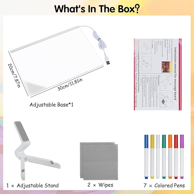 LED Note Board with Colorful Pens, Acrylic Dry Erase Light Up Writing Board, 11.8 x 7.9 Inch, with Stand for Family, Office, School, Bar, Cafe