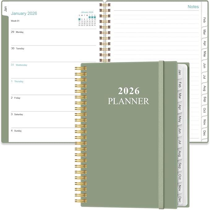 2026 Planner - Weekly & Monthly Planner from January 2026 - December 2026, Planner 2026 with Flexible Cover, Tabs, Inner Pocket, 6.4" x 8.5", Green