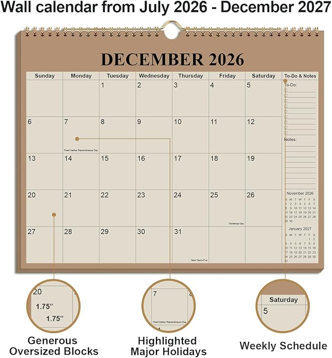 Calendar 2026-2027 - 18 Months Wall Calendar from July 2026 to December 2027, 2026-2027 Wall Hanging Calendar Planner with Thick Paper, 12" x 14.5", Cyan