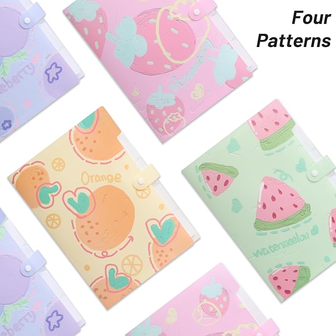 Cute File Folders, Expanding File Folders with 32 Labels, 5 Pocket File Organizer, Accordion File Organizer Letter Size for School, Office and Home - Summer Fruits Style Set of 4