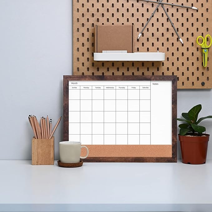 Monthly Calendar Dry Erase White Board & Cork Bulletin Board，13" x 17" Brown Wood Frame，Magnetic Surface Whiteboard.Perfect for Organizing Your Space.Whiteboard+Cork-3343B-BN