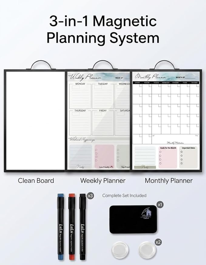 Black Magnetic Dry Erase Whiteboard 12 x 16 Double Sided, Portable Planner Board with Weekly Monthly Sheets, Write and Wipe to Do List Board, Includes 3 Markers Eraser 2 Magnets